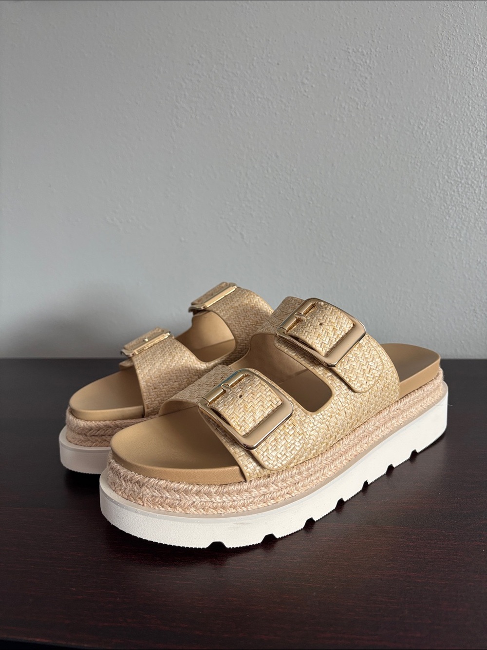 Madden Girl Natural Beige Woven Double-Buckle Platform Mules - Picture 1 of 12